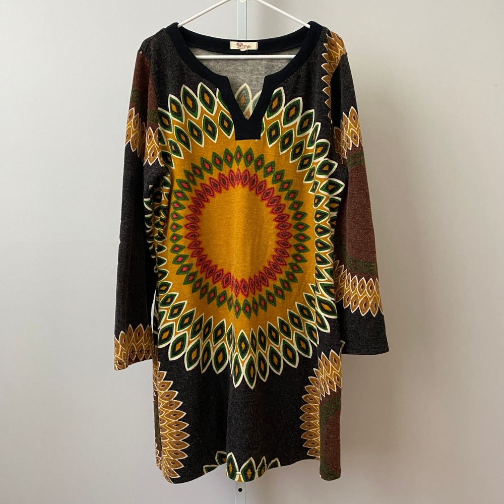 Aryeh Boho Relaxed Lagenlook Quirky Medallion Knit Tunic Dress XXXL Multi
